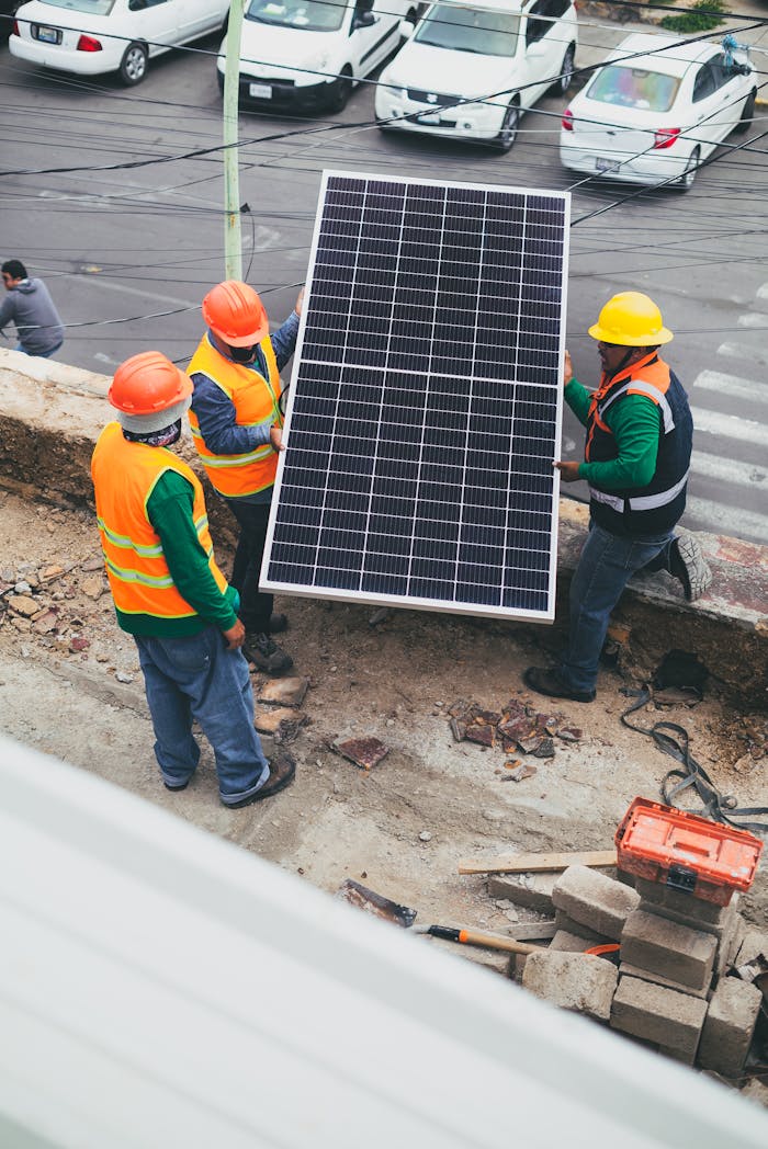 Workers in safety gear installing a solar panel outdoors.